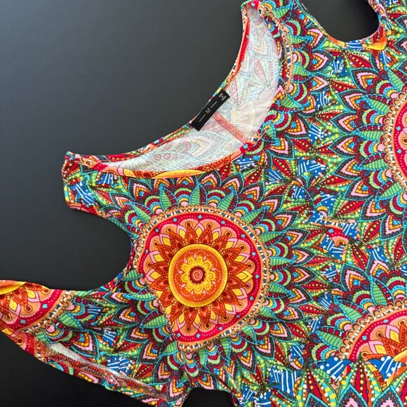 Boho Mandala Cold Shoulder Dress (M) – Colorful Rayon Blend Swing Style - Picture 2 of 8